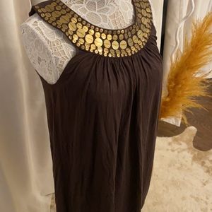 Michael Kors brown longline tank with gold disc neck detailing some M